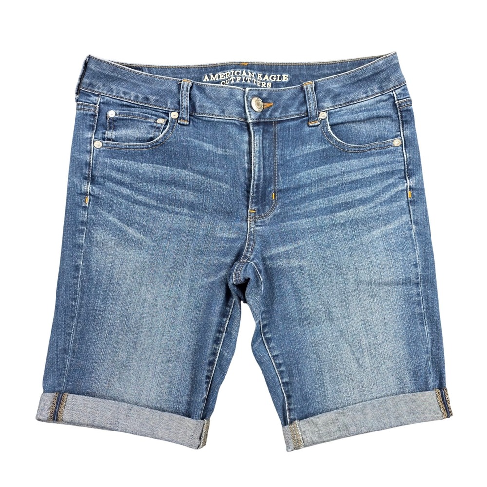 American Eagle Super Stretch Straight Denim Shorts Medium Wash Blue Womens 10